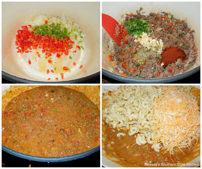 Nacho Beef And Macaroni ingredients in a dutch oven