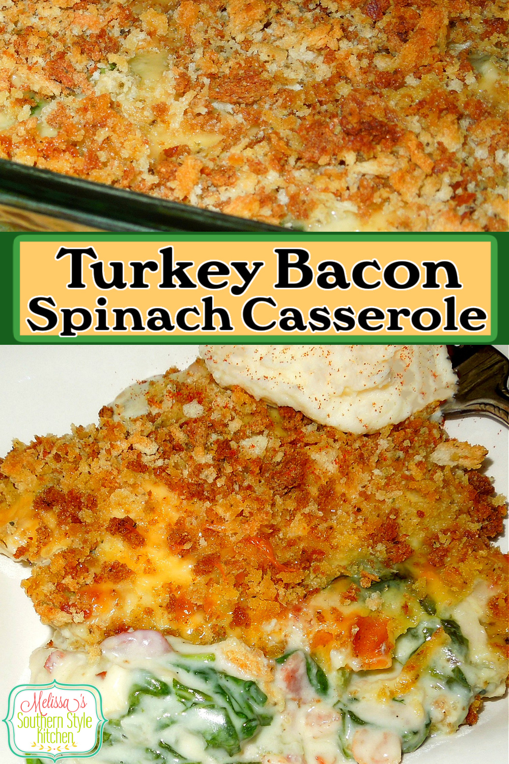 This Turkey Bacon Spinach Casserole is a delicious way to transform holiday leftovers. #turkey #turkeyrecipes #turkeycasserole #casseroles #casserolerecipes #bacon #turkeyanddressing #leftoverturkeyrecipes #southernrecipes #goudacheese #melissassouthernstylekitchen via @melissasssk