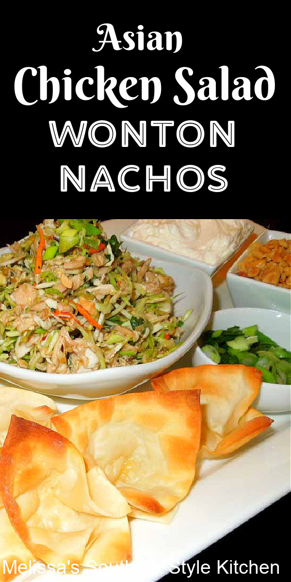 These Asian Chicken Salad Wonton Nachos are lighter and full flavored for a delicious departure from the norm for your appetizer menu #asianchicken #asianchickensalad #wontonnachos #nachos #wontons #chickensaladrecipes #easychickenrecipes