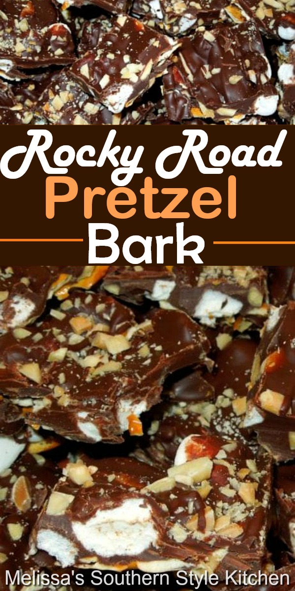 This no-bake Rocky Road Pretzel Bark will satisfy your salty and sweet tooth #rockyroad #candy #pretzels #pretzelbark #marshmallows #desserts #dessertfoodrecipes #chocolate #holidayrecipes #holidays #southernfood #southernrecipes
