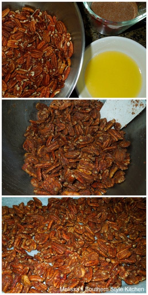 step-by-step preparation images candied pecans on a pan
