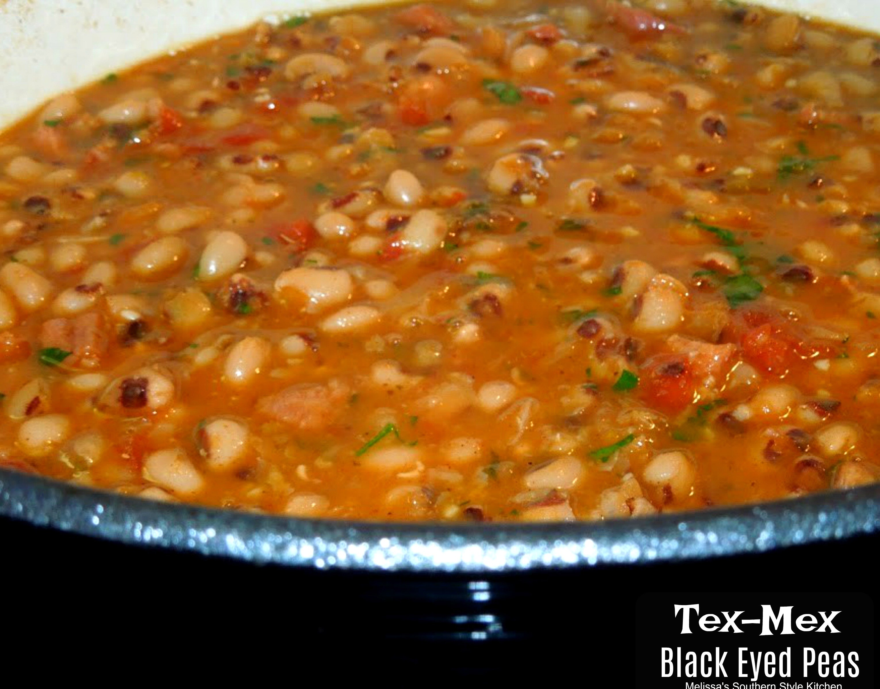 Tex-Mex Black Eyed Peas And Ham in a Dutch oven 
