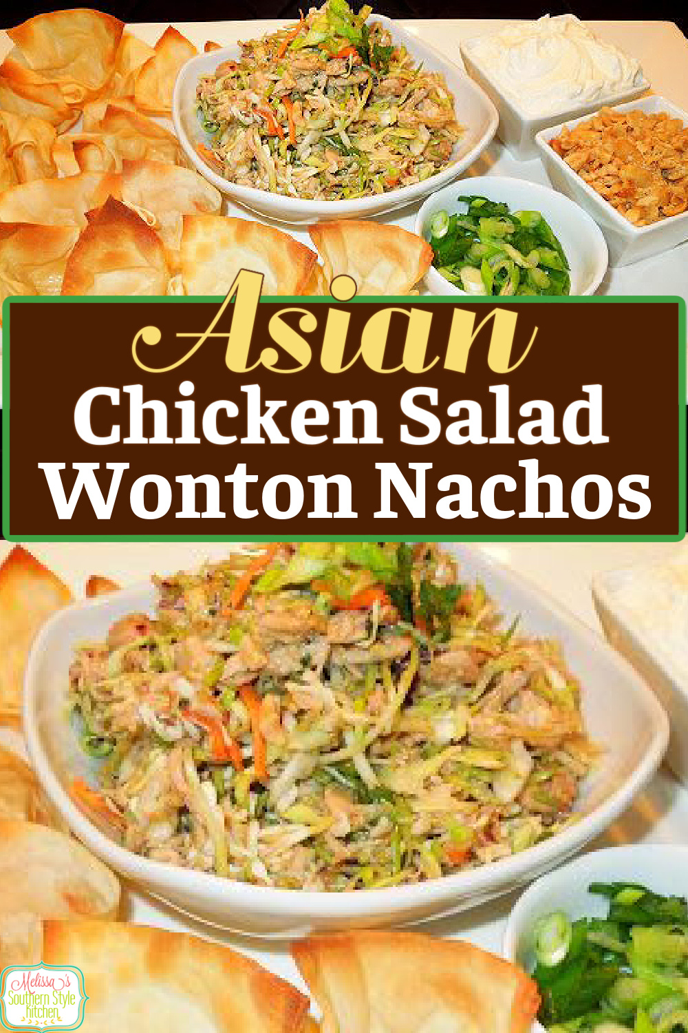These Asian Chicken Salad Wonton Nachos are lighter and full flavored for a delicious departure from the norm for your appetizer menu #asianchicken #asianchickensalad #wontonnachos #nachos #wontons #chickensaladrecipes #easychickenrecipes via @melissasssk