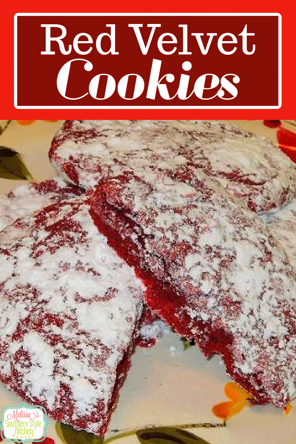 These easy powder sugar coated Red Velvet Cookies will make a spectacular addition to your holiday desserts and cookie swap menu #redvelvetcookies #cookierecipes #christmascookies #redvelvetdesserts #cakemixcookies #christmasbaking #cookierecipes #chocolate via @melissasssk
