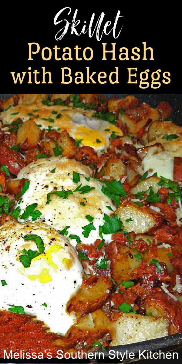Serve this hearty and filling Skillet Potato Hash with Baked Eggs for breakfast, brunch or dinner #potatohash #bakedeggs #eggs #eggrecipes #potatoes #breakfast #brunch #dinner #lunch #southernfood #southernrecipes #holidaybrunch #christmasbrunch #easterbrunch