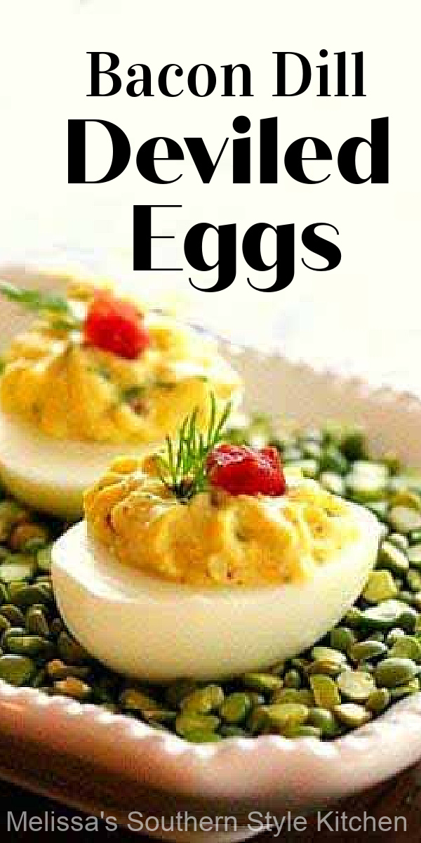 These Bacon Dill Deviled Eggs are the perfect excuse to enjoy the classic bacon and egg flavor combination at any time of the day #deviledeggs #bacondilldeviledeggs #eggrecipes #easydeviledeggs #southerndeviledeggs #sidedishrecipes #appetizers #baconandeggs