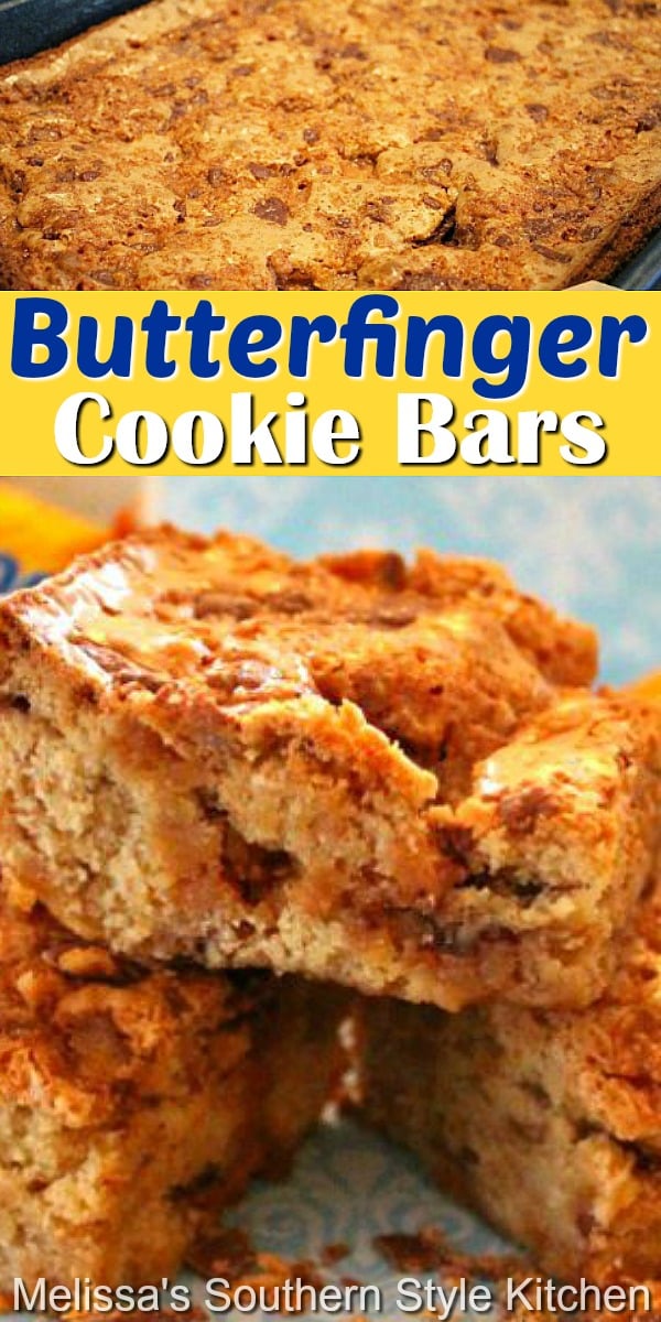 Make these rich and buttery Butterfinger cookie bars and watch 'em disappear #cookiebars #butterfingercookiebars #candybars #butterfingers #holidayrecipes #holidaybaking #christmascookies #desserts #dessertfoodrecipes #butterfingerbars #southernfood #southernrecipes