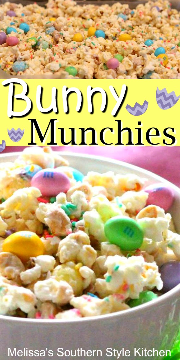 The kiddos will love these Peanutty Popcorn Bunny Munchies #bunnymunchies #bunnychow #popcorn #popcornrecipes #ester #easterdesserts #spring #dessertfoodrecipes #southernfood #southernrecipes #melissassouthernstylekitchen