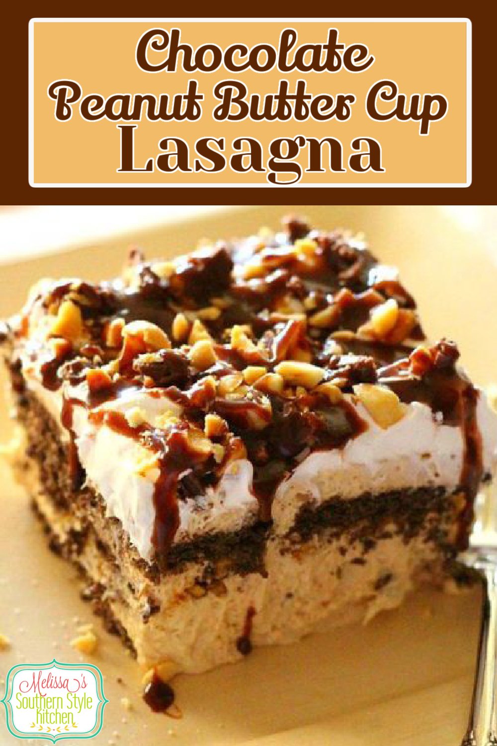 You'll be the dessert hero when you serve this Chocolate Peanut Butter Cup Lasagna for dessert! #peanutbuttercups #chocolate #chocolatelasagna #Reeses #lasagnarecipes #dessertlasagna #peanutbutter #desserts #dessertfoodrecipes #peanutbuttermousse #holidaydesserts #southernfood #southernrecipes