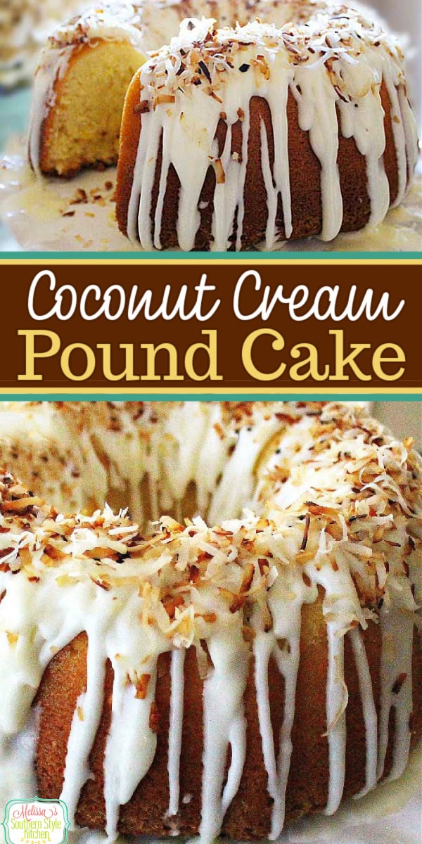 Made-from-scratch Coconut Cream Pound Cake is drizzled with a homemade vanilla cream glaze #coconutcake #coconutpoundcake #southernfood #southernrecipes #coconutdesserts #easter #easterdesserts #holidayrecipes #Southernpoundcake #cakerecipes #melissassouthernstylekitchen via @melissasssk