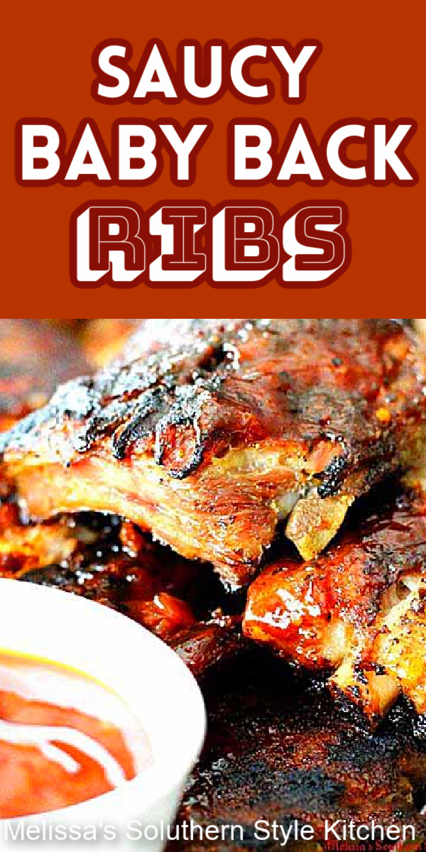 These Saucy Baby Back Ribs are dry rubbed and slowly roasted in the oven for pull apart tenderness #babybackribs #ribsrecipes #ovenribs #grilledribs #ribs #barbecue #barbecueribs