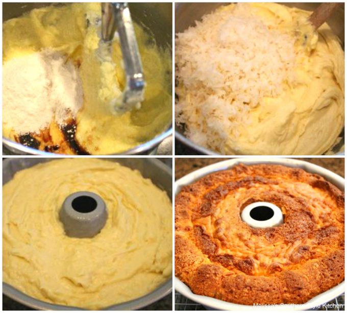 Step-by-step images of ingredients to make coconut pound cake