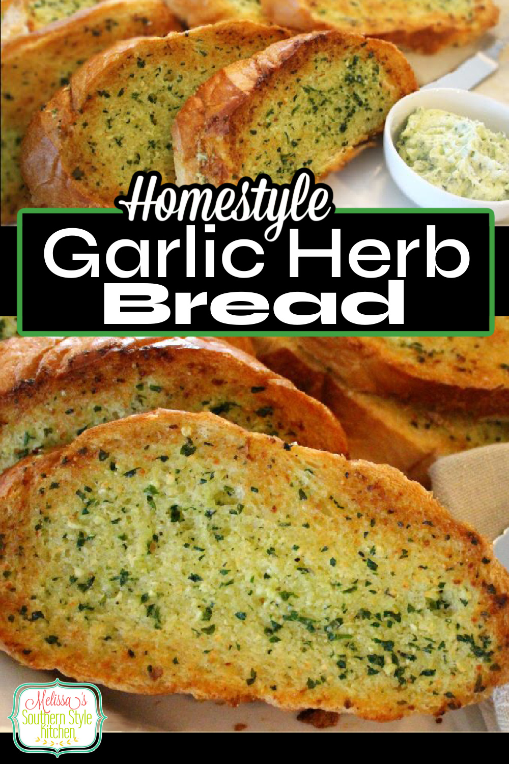 Serve this super easy Homestyle Garlic and Herb Bread at any meal #garlicbread #herbbread #breadrecipes #easygarlictoast #cheesytoastrecipes #garlicherbbread via @melissasssk