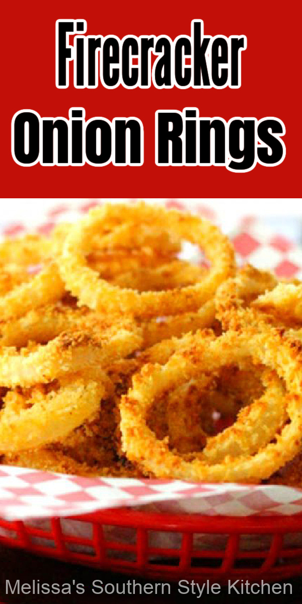 This golden crispy Firecracker Onion Rings are baked not fried! #onionrings #firecrackeronions #appetizers #onionrecipes #onionringrecipes #breadedonionrings