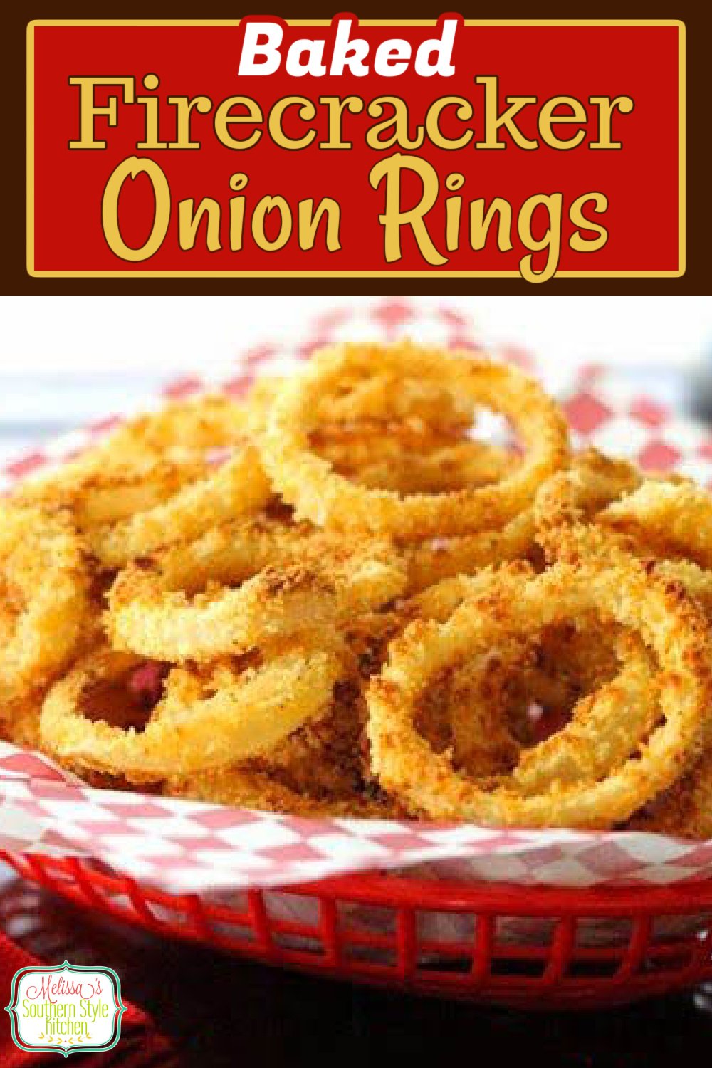 This golden crispy Firecracker Onion Rings are baked not fried! #onionrings #firecrackeronions #appetizers #onionrecipes #onionringrecipes #breadedonionrings via @melissasssk