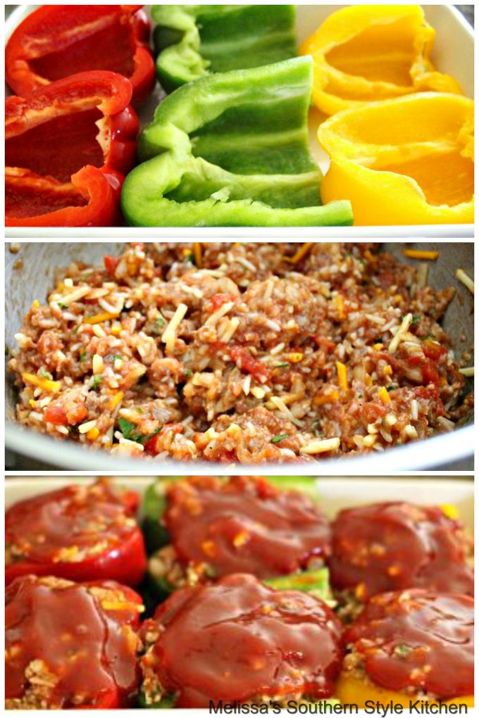 Step-by-step preparation images and ingredients to make stuffed peppers