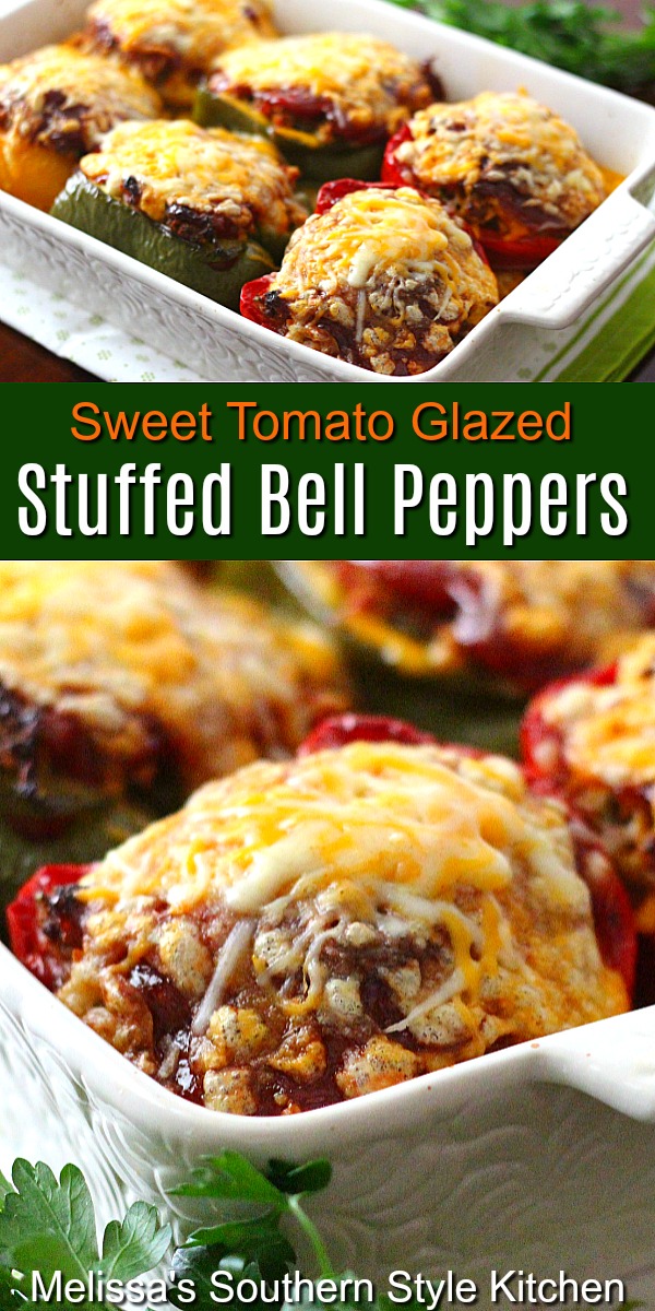 These open-faced Sweet Tomato Glazed Stuffed Bell Peppers bring farmstand flavors to the dinner table #stuffedpeppers #bellpeppers #peppers #hamburgerstuffedpeppers #glazedstuffedpeppers #dinner #dinnerideas #southernfood #southernrecipes #easygroundbeefrecipes