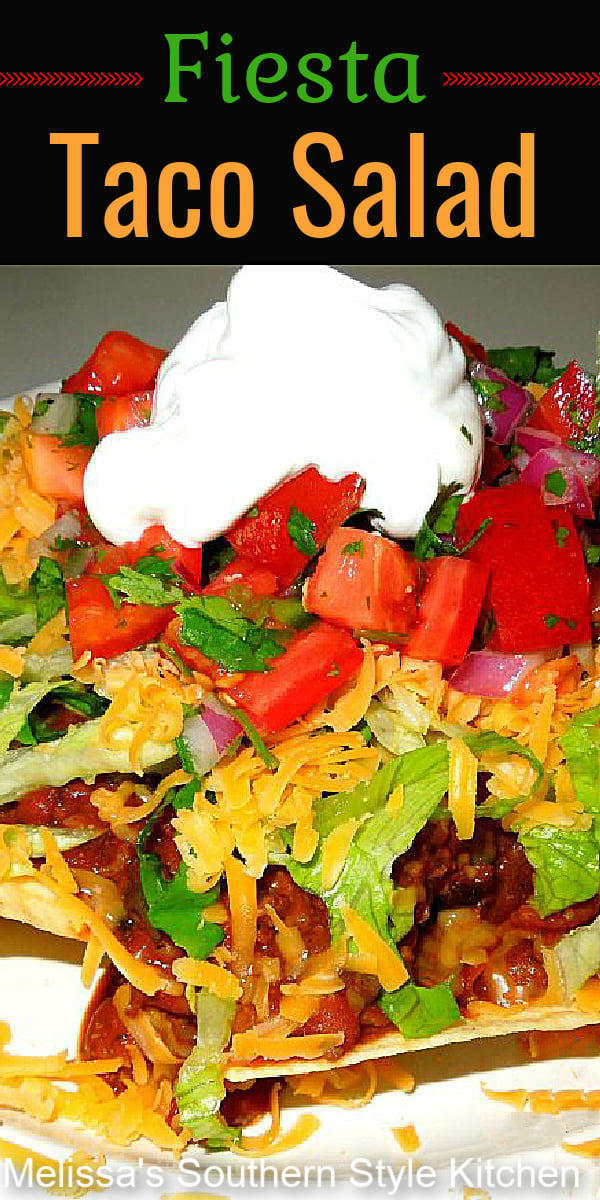 Fiesta Taco Salad will have the family running to the table #tacosalad #tacos #tacorecipes #chili #saladrecipes #tacotuesday #southernrecipes #southernfood #melissassouthernstylekitchen #dinnerideas