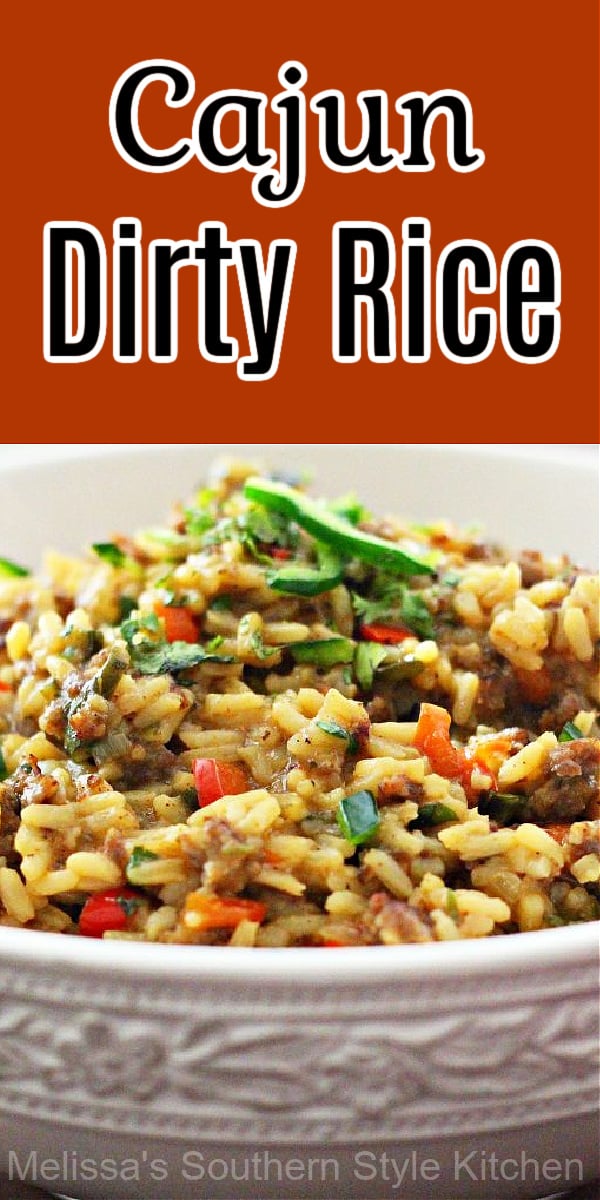 Cajun Dirty Rice is packed with flavor making it complementary to a myriad of entrees #dirtyrice #cajun #rice #sidedishrecipes #ricerecipes #sausage #ricepilaf #southernfood #dinnerides #dinner #easyrecipes #NOLA #southernrecipes