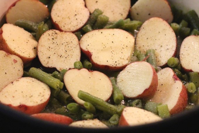 Green Beans And Red Potatoes in a pot 
