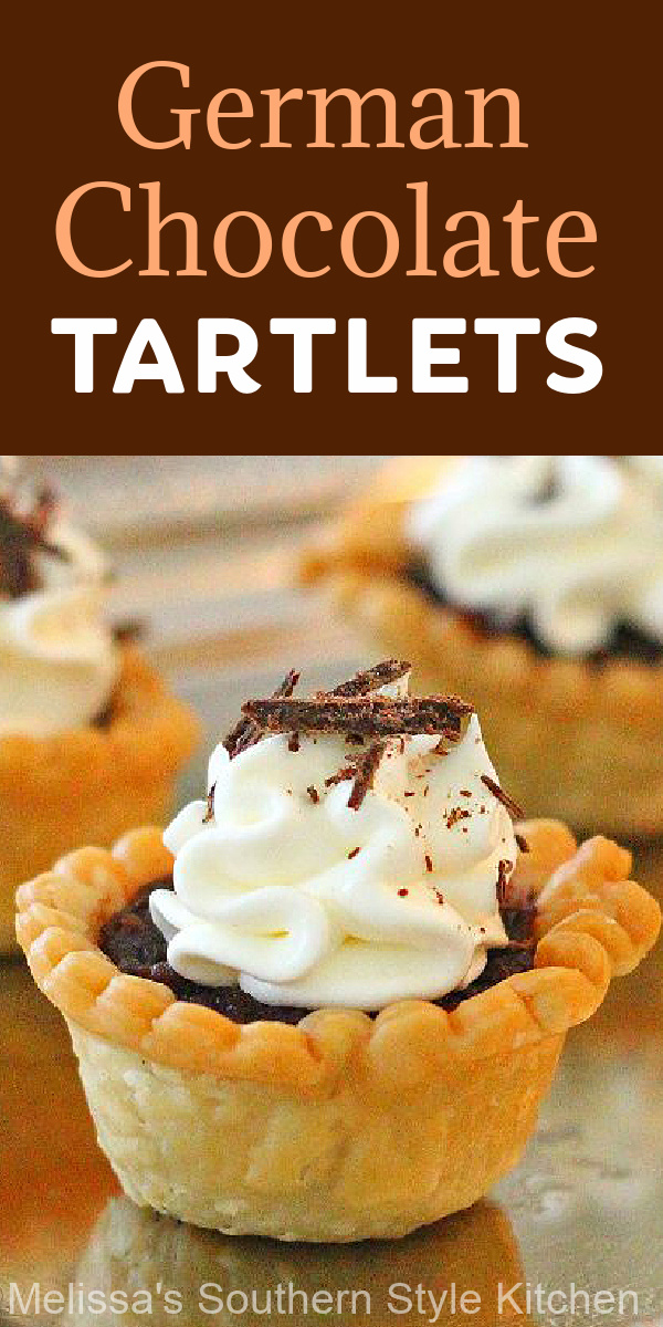 Add these easy two-bite German Chocolate Tartlets to your special occasion desserts menu #germanchocolate #germanchocolatetarts #minipies #chocolatetarts #chocolate #minipies #germanchocolatetart