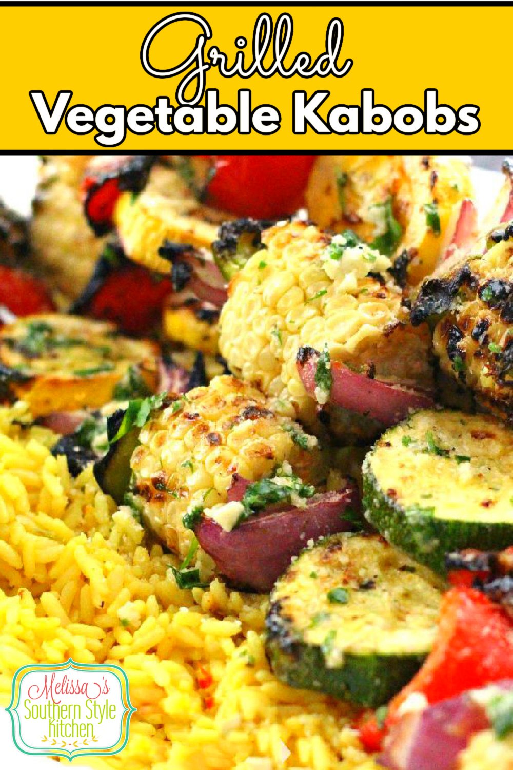 Farm to table flavors shine in these grilled vegetable kabobs brushed with a garlic herb butter #vegetables #vegetablekabobs #vegetarian #vegetablerecipes #southernfood #southernrecipes #corn #grilledcorn #kabobs #grilling #grilledvegetables #sidedishrecipes via @melissasssk