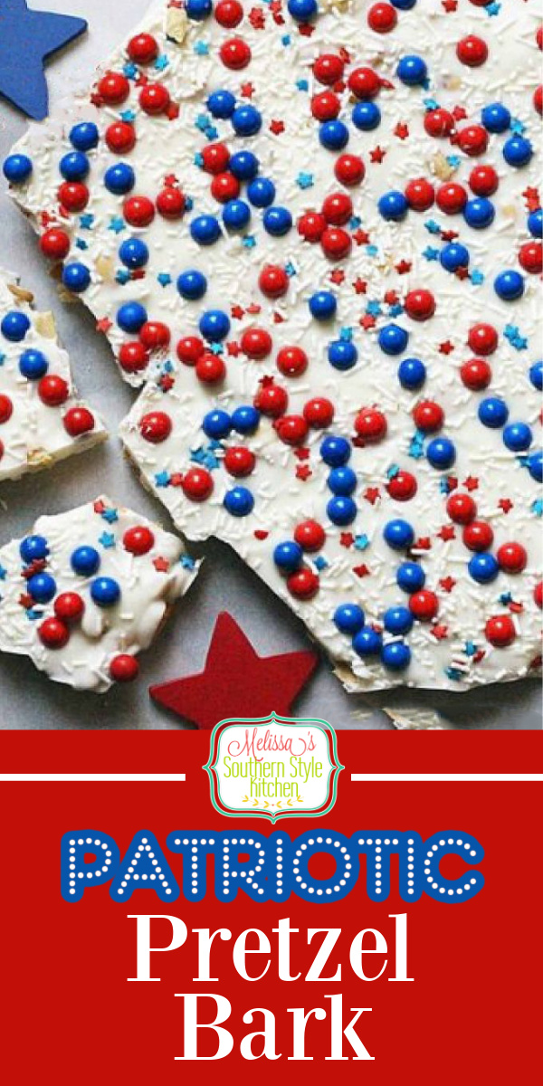This Patriotic Pretzel Bark is the perfect sweet and salty candy treat for your next Memorial Day remembrance, July 4th or Labor Day cookout #pretzelbark #candybark #whitechocolate #nobakedesserts #july4th #memorialdayrecipes #patrioticcandybark