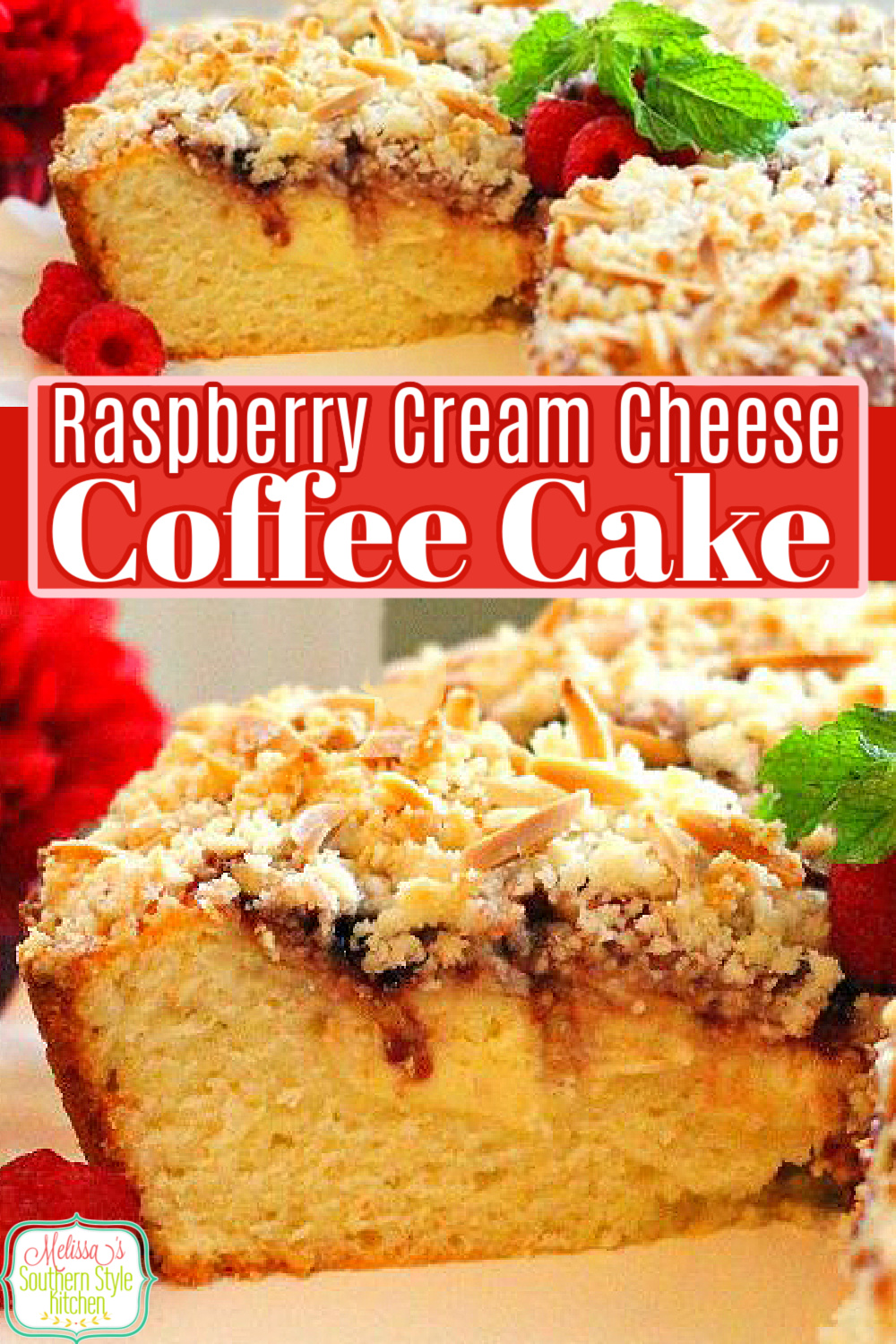 Start your day with a piece of Raspberry Cream Cheese Coffee Cake #coffeecale #raspberries #raspberrycoffeecake #cakerecipes #cakes #raspberrypreserves #crumbcakerecipes #holidaybrunch #cake #southerndessertrecipes via @melissasssk