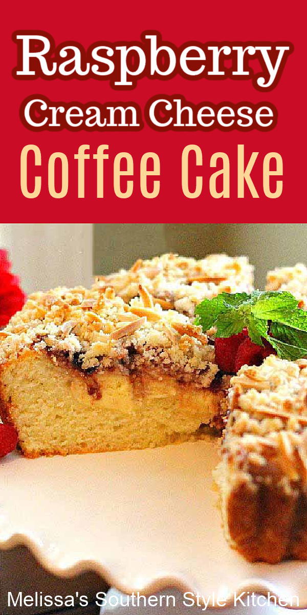 Start your day with a piece of Raspberry Cream Cheese Coffee Cake #coffeecale #raspberries #raspberrycoffeecake #cakerecipes #cakes #raspberrypreserves #crumbcakerecipes #holidaybrunch #cake #southerndessertrecipes