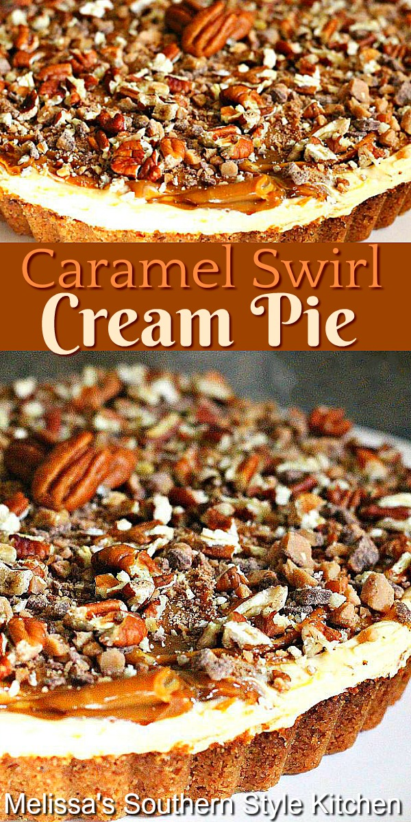 This dreamy Caramel Swirl Cream Pie features swirls of dulce de leche and a cheesecake-like filling is addictive #dulcedeleche #caramelpie #caramelcheesecake #caramelcreampie #pierecipes #holidaypies #desserts #dessertfoodrecipes #southernfood #southernrecipes