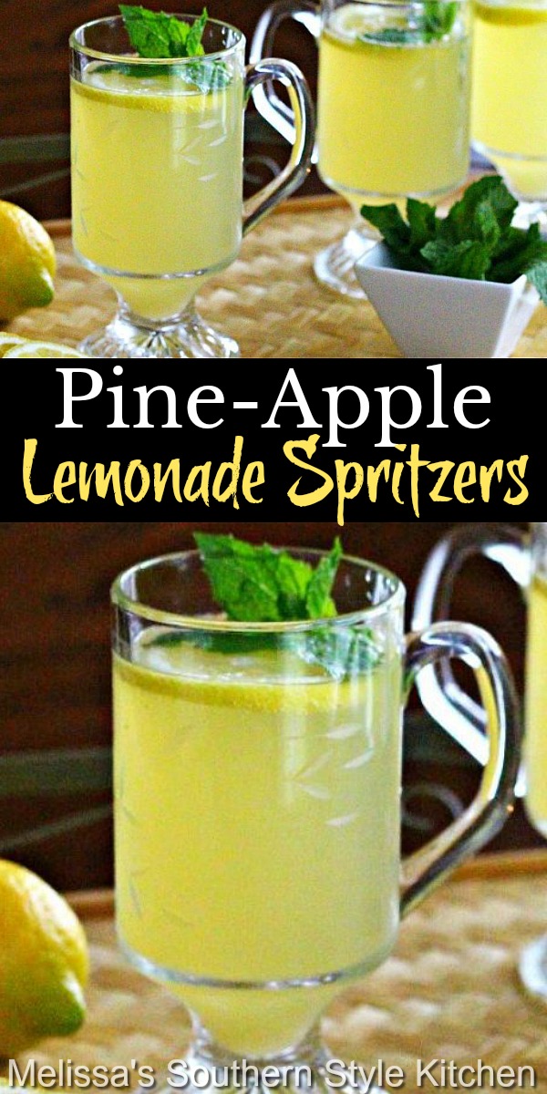 These family-friendly Pine-Apple Lemonade Spritzers are picnic ready #pineapplejuice #pineapplespritzers #lemonade #lemonadespritzers #nonalcoholic #drinks #drinkrecipes #picnicfood #summerdrinks