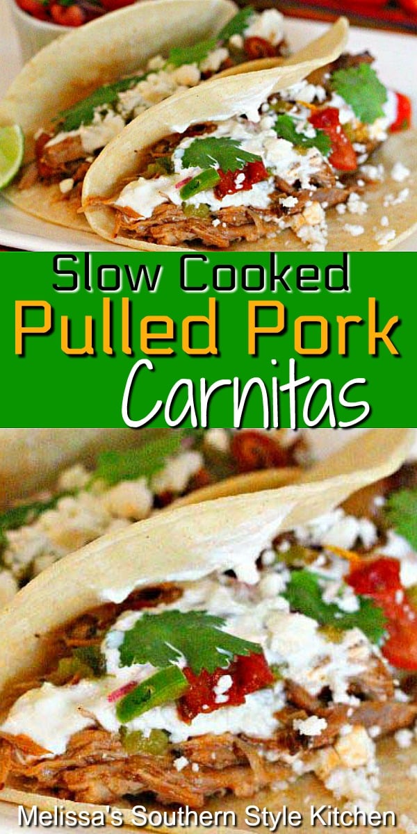 Juicy and succulent Slow Cooked Pulled Pork Carnitas for your next homestyle fiesta #crockpotpork #fiestafood #pulledpork #crockpotpork #carnitas #mexicanfood #dinnerideas #crockpotrecipes #dinner #southernfood #southernrecipes