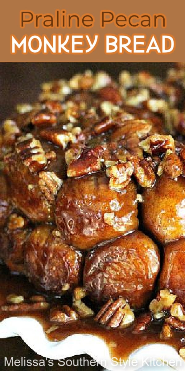 This ooey gooey Praline Pecan Monkey Bread will disappear in no time flat #monkeybread #pralines #pralinepecan #monkeybreadrecipes #bread #sweetbreads #appetizers #partyfood #footballfood #pecans #bestevermonkeybread #dinnerrolls #southernrecipes #southernfood #desserts #dessertfoodrecipes via @melissasssk
