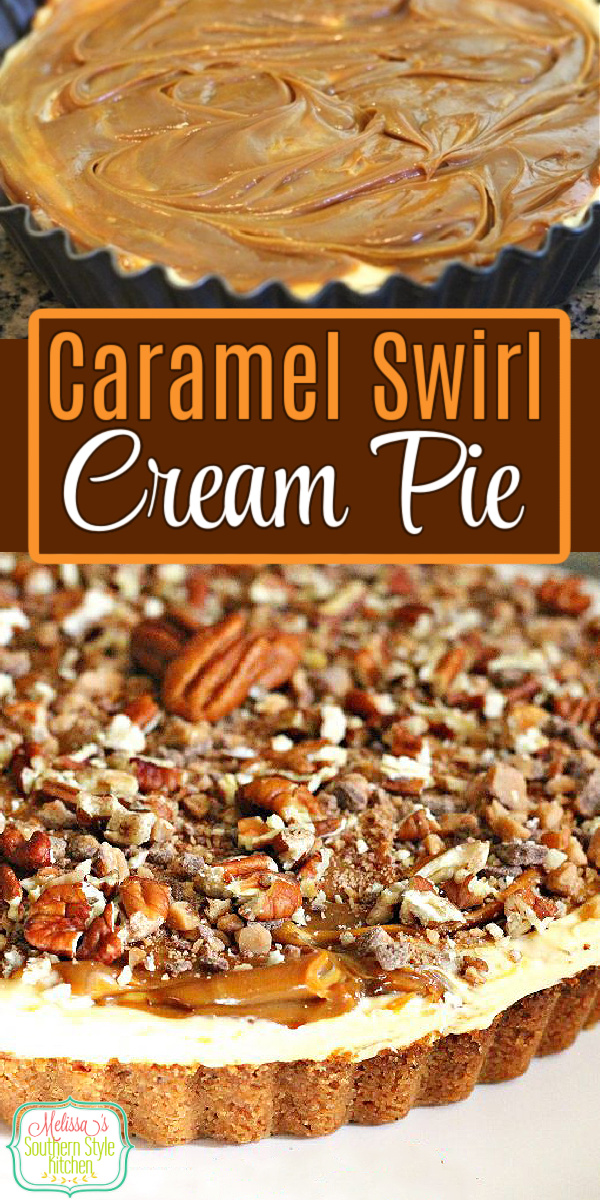 This dreamy Caramel Swirl Cream Pie features swirls of dulce de leche and a cheesecake-like filling is addictive #dulcedeleche #caramelpie #caramelcheesecake #caramelcreampie #pierecipes #holidaypies #desserts #dessertfoodrecipes #southernfood #southernrecipes via @melissasssk
