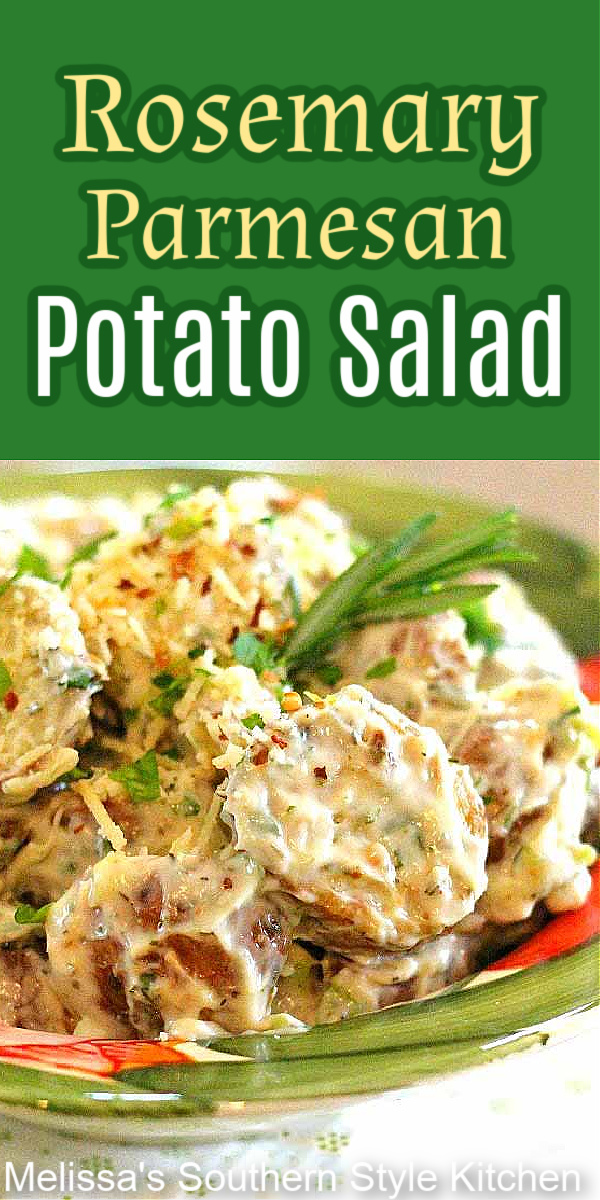 Serve this roasted Rosemary Parmesan Potato Salad warm or chilled for the perfect grilling side #parmesanpotatosalad #potatosaladrecipes #roastedpotatoes #italianpotatosalad #sidedishrecipes #easypotatosalads