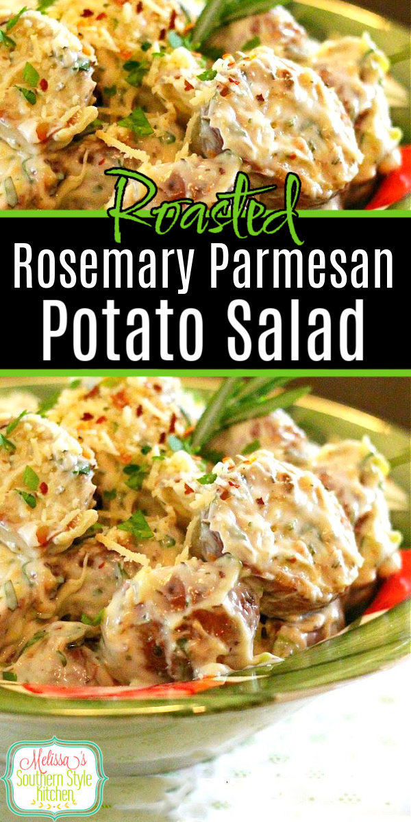 Serve this roasted Rosemary Parmesan Potato Salad warm or chilled for the perfect grilling side #parmesanpotatosalad #potatosaladrecipes #roastedpotatoes #italianpotatosalad #sidedishrecipes #easypotatosalads