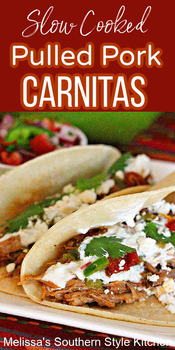Juicy and succulent Slow Cooked Pulled Pork Carnitas for your next homestyle fiesta #crockpotpork #fiestafood #pulledpork #crockpotpork #carnitas #mexicanfood #dinnerideas #crockpotrecipes #dinner #southernfood #southernrecipes via @melissasssk