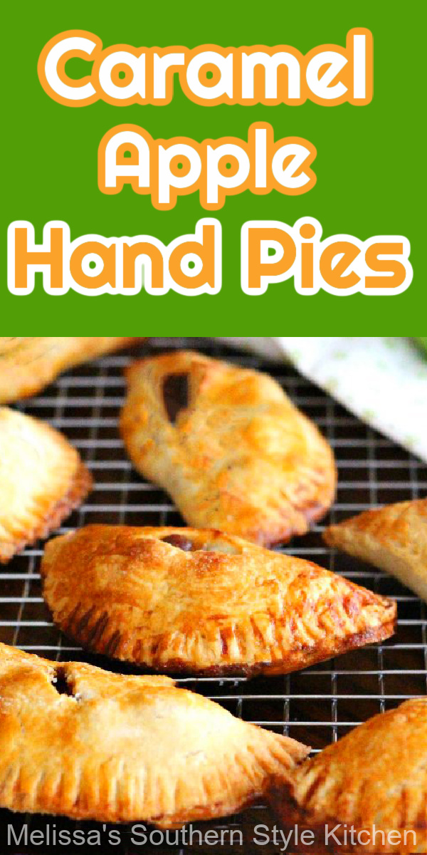 You can enjoy these individual Caramel Apple Hand Pies on the run or with a scoop of vanilla ice cream for dessert. #applepies #handpies #caramelapples #caramelapplepies #applehandpies #easyapplepies via @melissasssk
