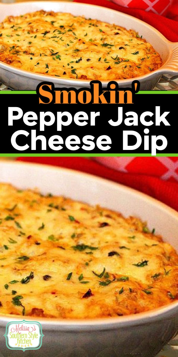 This baked Smokin Pepper-Jack Cheese Dip is perfection served with tortilla chips, fritos, pita chips or crostini for dipping #pepperjackdip #bakedcheesedip #pepperjackcheesediprecipe #appetizerrecipes via @melissasssk