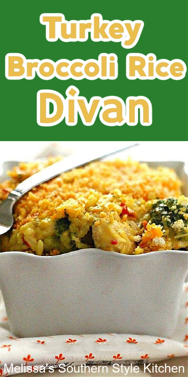 Turn leftover turkey into this Turkey Broccoli Rice Divan. It's equally delicious with chicken, and a tasty way to enjoy a round 2 meal #turkeydivan #chickendivan #chickenandrice #leftoverturkeyrecipes #turkeyrecipes #casseroles #dinnerideas #dinner #southernfood #southernrecipes #turkey #thanksgiving