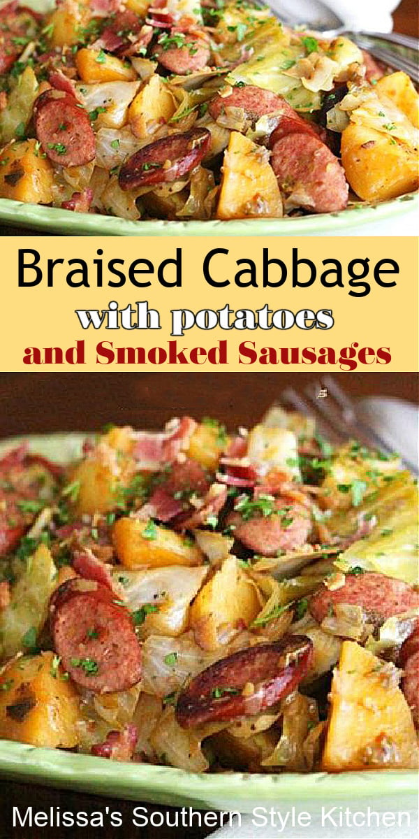 This simple braised cabbage dish is packed with flavor and won't break the bank #braisedcabbage #cabbage #friedcabbage #potatoes #smokedsausages #kielbasa #cabbagepotatoessmokedsausages #dinner #dinnerideas #southernfood #southernrecipes via @melissasssk