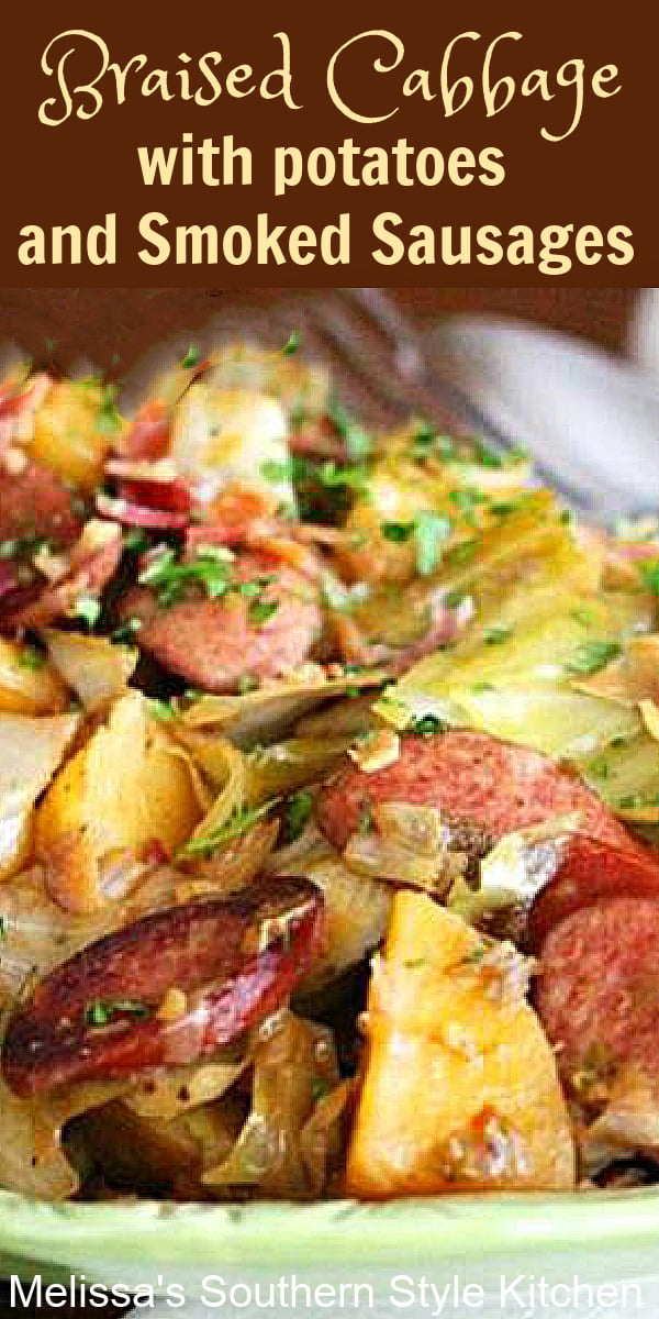 This simple braised cabbage dish is packed with flavor and won't break the bank #braisedcabbage #cabbage #friedcabbage #potatoes #smokedsausages #kielbasa #cabbagepotatoessmokedsausages #dinner #dinnerideas #southernfood #southernrecipes