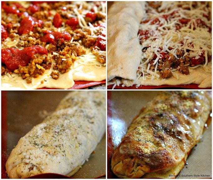 step by step pictures with pizza dough and italian sausage