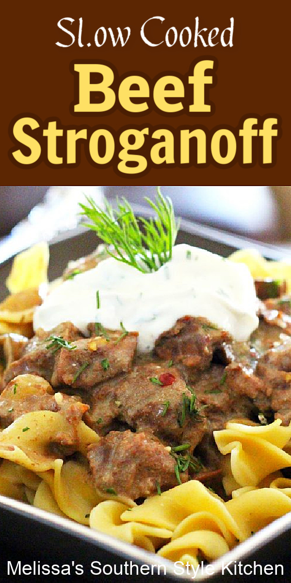 Slow Cooked Beef Stroganoff simmers top sirloin steak to tender perfection having it ready to serve over egg noodles for a weekday feast #slowcookedbeef #beefstroganoff #beefrecipes #slowcookerbeef #stroganoffrecipes #topsirloinsteak #crockpotrecipes #crockpotstroganoff