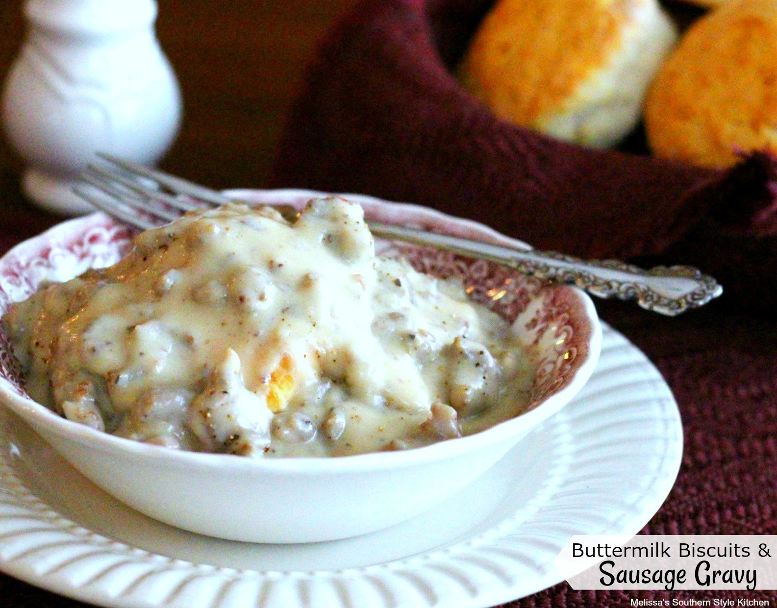 Buttermilk Biscuits And Sausage Gravy in a bowl