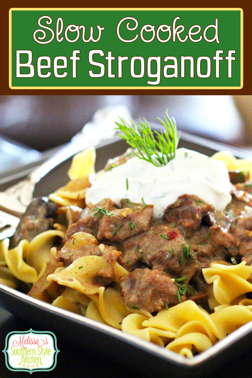 Slow Cooked Beef Stroganoff simmers top sirloin steak to tender perfection having it ready to serve over egg noodles for a weekday feast #slowcookedbeef #beefstroganoff #beefrecipes #slowcookerbeef #stroganoffrecipes #topsirloinsteak #crockpotrecipes #crockpotstroganoff