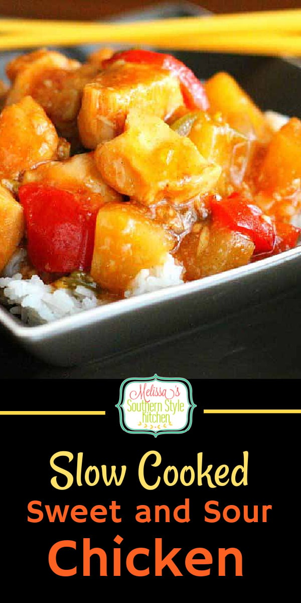 Skip the drive thru and make this Slow Cooked Sweet and Sour Chicken in your crockpot #sweetandsourchicken #copycat #easychickenrecipes #slowcooker #crockpotchickenrecipes #dinnerideas #southernrecipes #easydinnerideas #chickenbreastrecipes via @melissasssk
