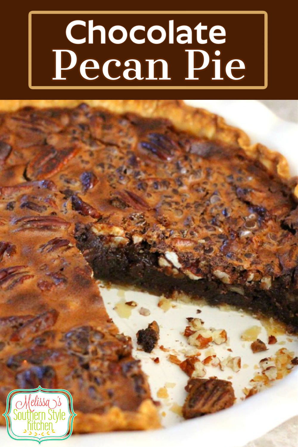 Serve this rich and fudgy Chocolate Pecan Pie for dessert #chocolate #chocolatepecanpie #pecanpie #chocolatedesserts #dessertfoodrecip#southerndesserts #southernfood #pie #pierecipes #easter #thanksgiving #christmas #newyears #holidayrecipes