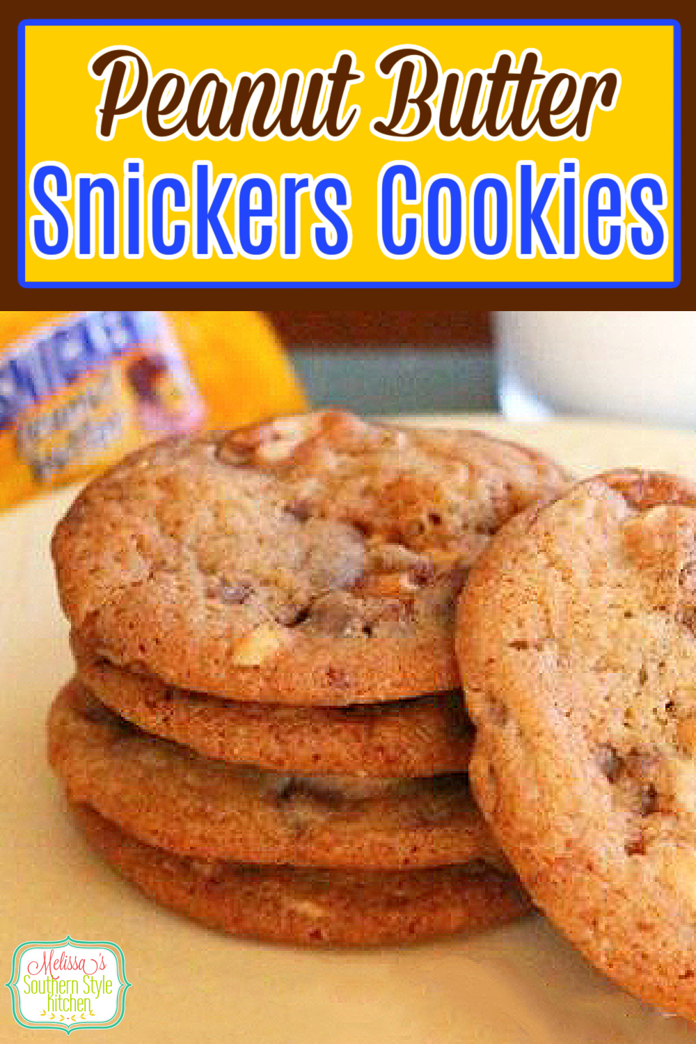 Snickers candy bars and peanut butter cookie dough collide in these Peanut Butter Snickers Cookies #candybars #candycookies #snickersbars #snickerscookies #holidaybaking #peanutbuttercookies via @melissasssk
