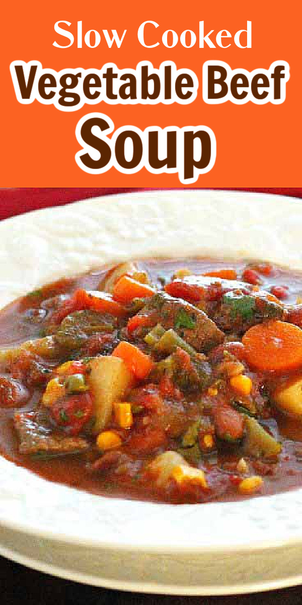 Make this Slow Cooked Vegetable Beef Soup in your crockpot for a comforting homecooked meal #vegetablebeefsoup #soup #souprecipes #vegetables #vegetablesoup #maindish #dinnerideas #slowcooking #crockpotsoup #southernrecipes #southernfood via @melissasssk
